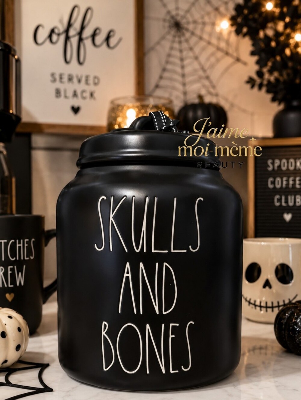 Rae Dunn Halloween Skulls and Bones Large Black Canister - NEW